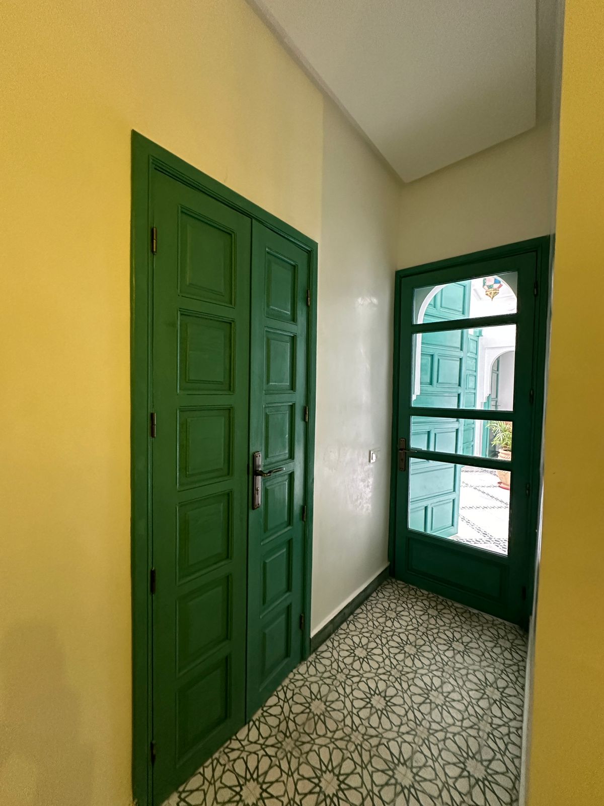 Entrée de la chambre Sahara avec portes vertes sur le patio